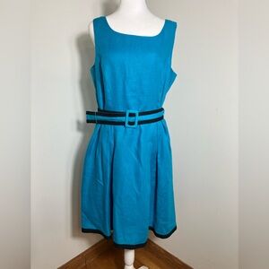 Talbots 100% Pure Irish Linen Midi Dress Sz 14P Blue Belted‎ Coastal retro 90’s